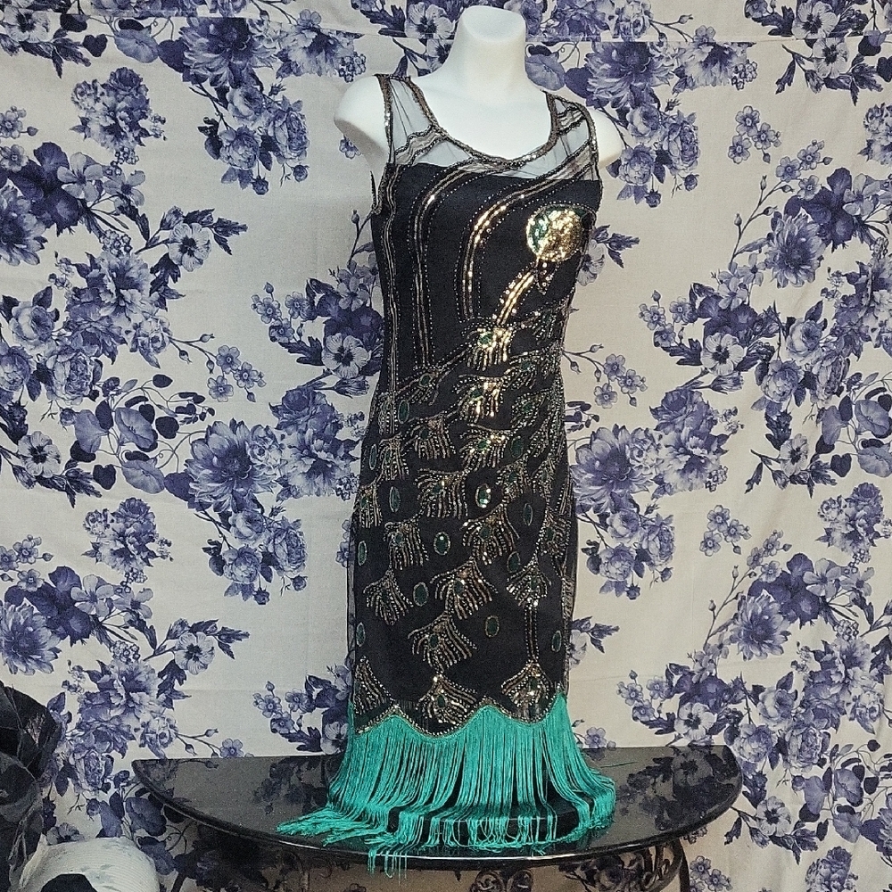 Chic Black and Green Beaded Mini Dress